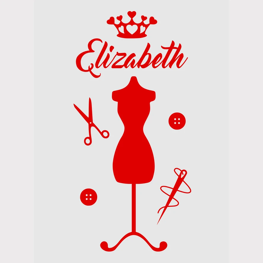 Fashion Wall Decals Girls Personalised Mannequin Crown Sewing Any Name Vinyl Wall Sticker Decal Home Door Decoration Mural S165