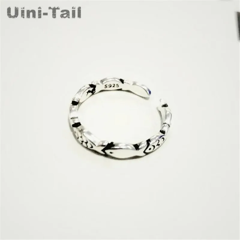 Uini-Tail hot new 925 Tibetan silver retro fashion small fish open ring fashion trend creative exquisite art high quality ring