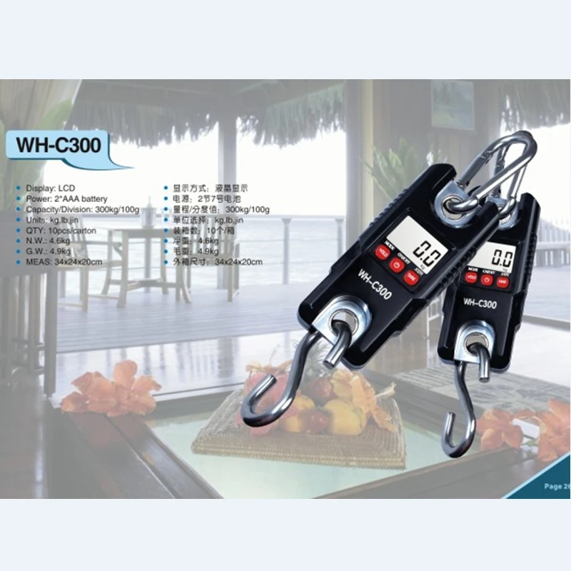 300kg Mini Crane Scale Portable LCD Digital Electronic Stainless Steel Hook Hanging Weight Crane Scales Loop Weighing Balance