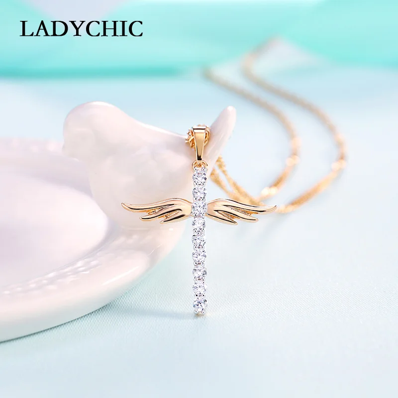 

LADYCHIC Angel Wings Cross Pendant Necklace for Girl Women Fashion Style Necklaces Inlaid AAA Crystal Jewelry Wholesale LN1064