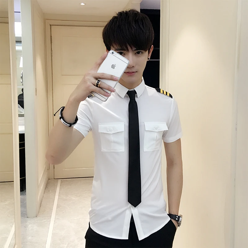 New Arrivals Mens Short Sleeve White Airline Pilot Uniforms Hair Stylist Fashion Slim Fit Black Workwear Big Size Male Clothing