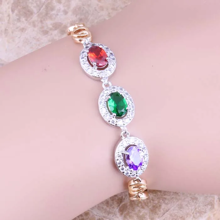 Valuable Multicolor Multigem Green Cubic Zirconia Yellow Plated 7 - 8 inch inch Link Chain Bracelet P657