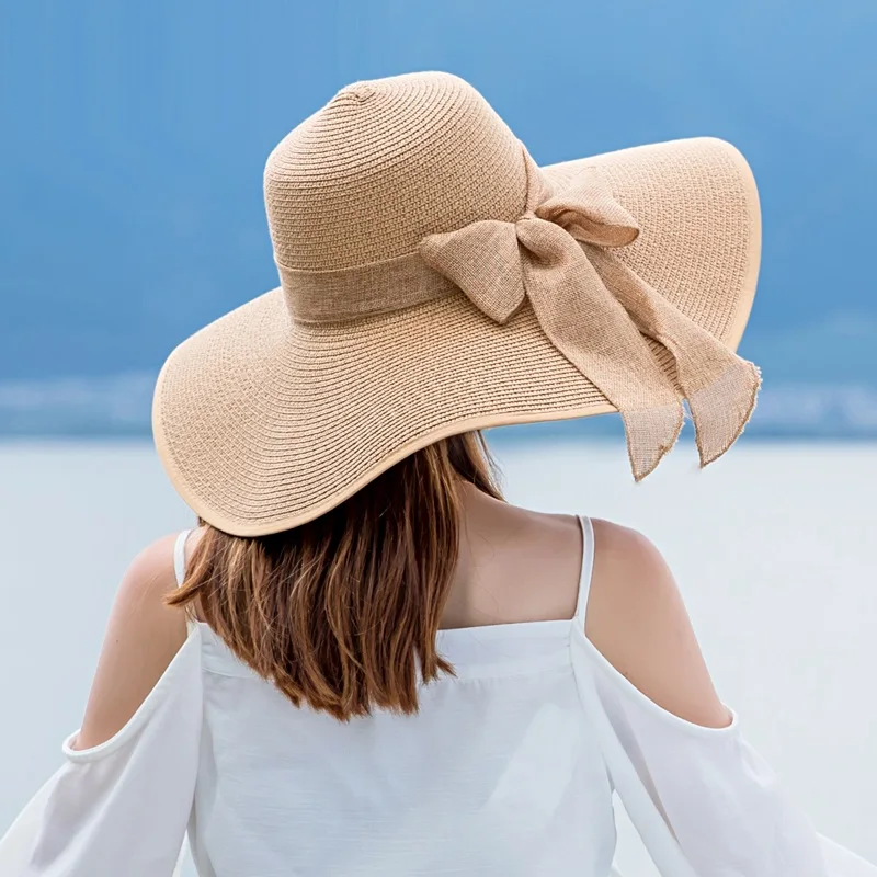 Lady New Wide Brim Sun Cap Female Fashion Outside Sun Hat Women Vintage X Large Brim Boater Hat Wheat Straw Beach Hat B-7989