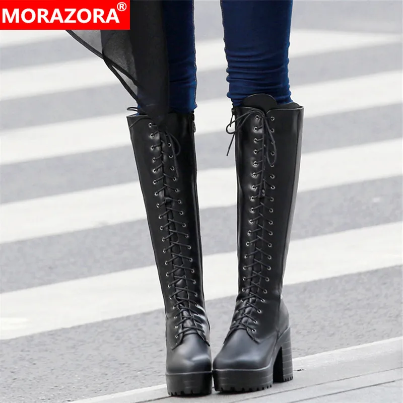 MORAZORA 2021 Newest knee high boots women lace up zip high heels platform boots autumn winter punk shoes ladies big size 43