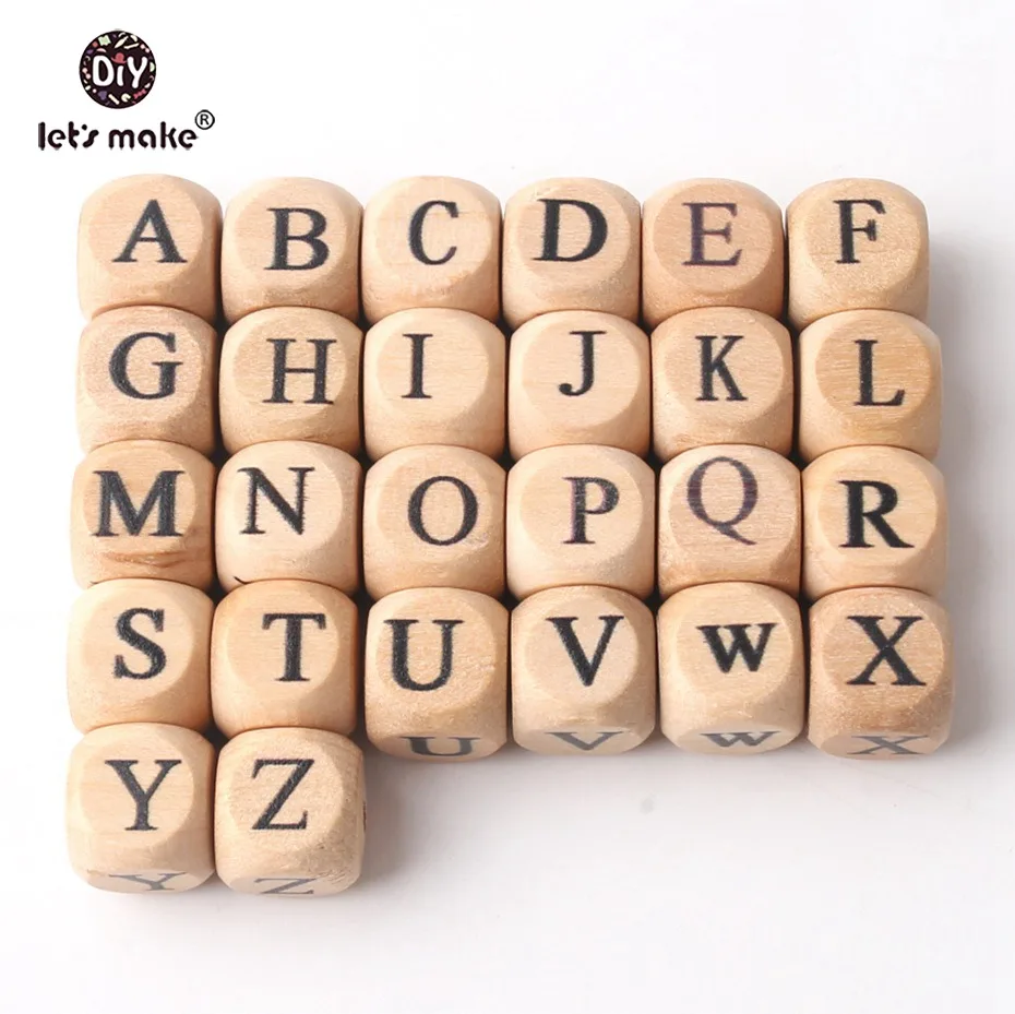 Let\'s Make 20pcs Baby Teething Crib Toy 12mm Square Shape Beech Wood Letter Beads Teething DIY Crafts Chew Beads Baby Teether