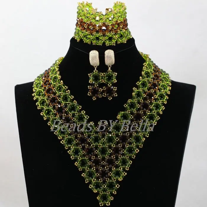 Handmade Hot African Costume Jewelry Sets Green Brown Crystal Women Nigerian Party Beads Lace Jewelry Sets Free Shipping ABK983