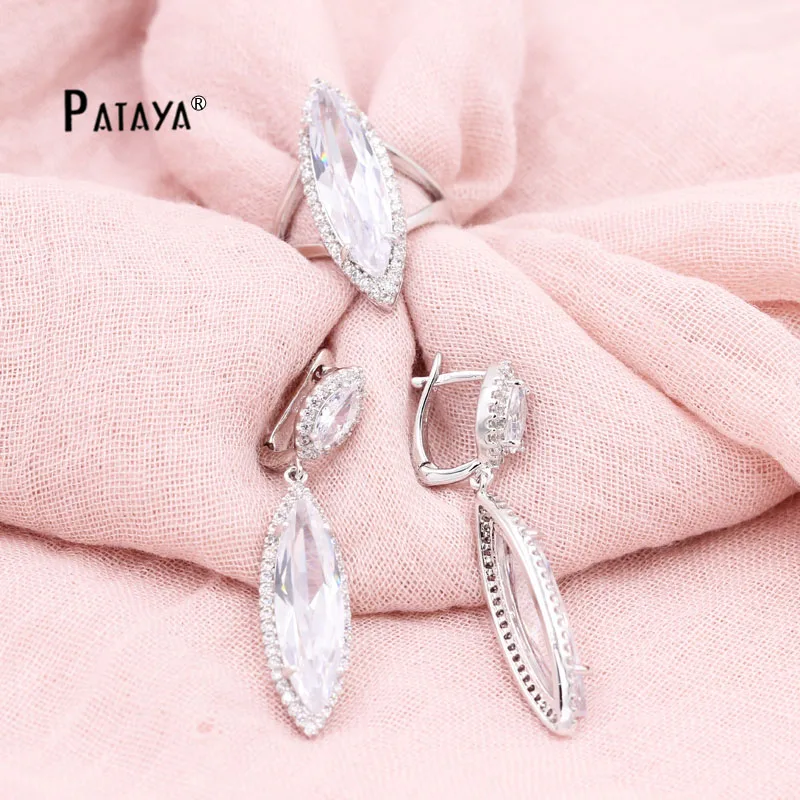 PATAYA Green Jewelry Sets True White Gold Color Natural Zircon Big Earrings Ring Fine Weddings Accessories Bride Jewelry Set