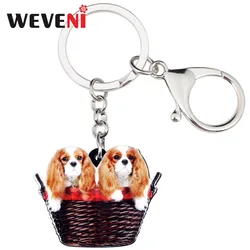 WEVENI Acrylic Sweet Double Cavalier King Charles Spaniel Dog Basket Key Chains Pendant Rings Animal Jewelry For Women Girls