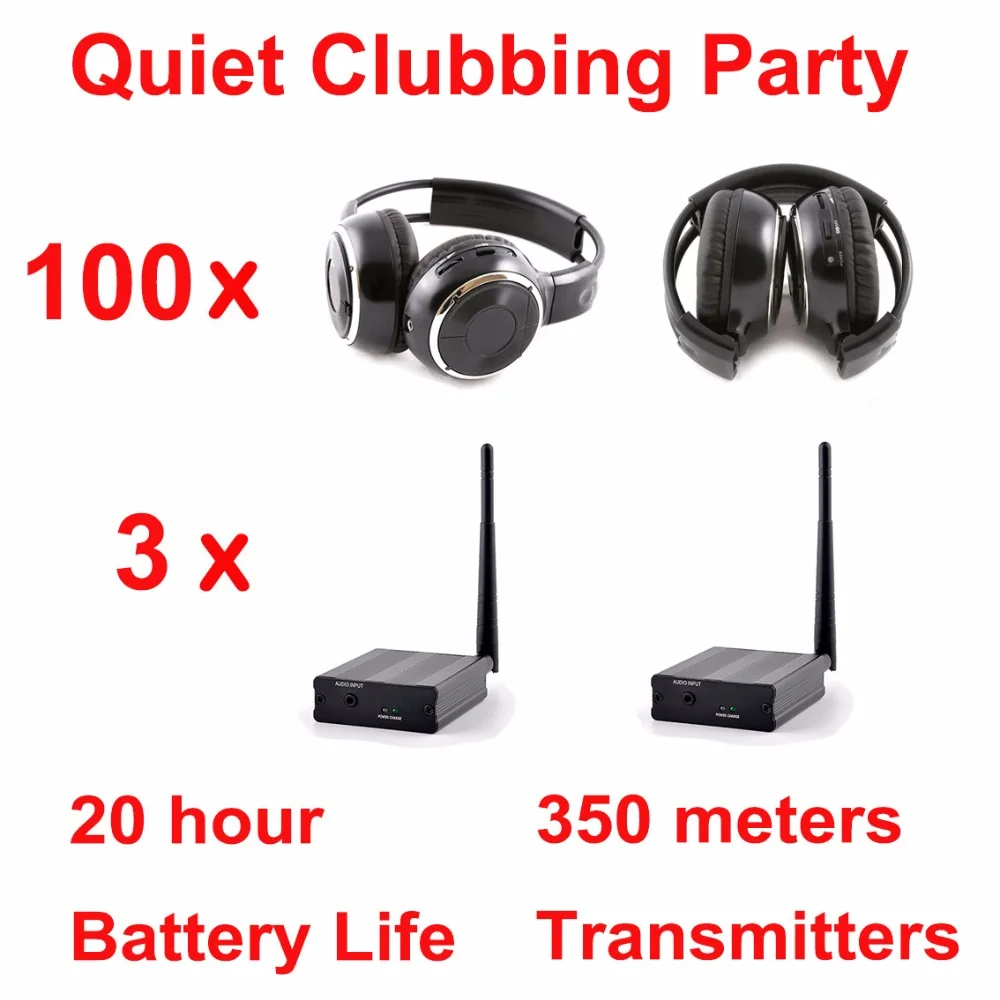 500m Silent Disco System Black Folding Wireless Headphones - Quiet Clubbing Party Bundle (100 Headsets + 3 Transmitters)