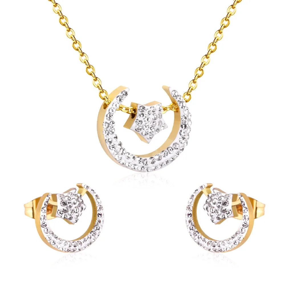 LUXUSTEEL Crystal Jewelry Sets Stainless Steel Golden Color Moon and Satr Pendant Necklace Stud Earring Jewelry Bijoux
