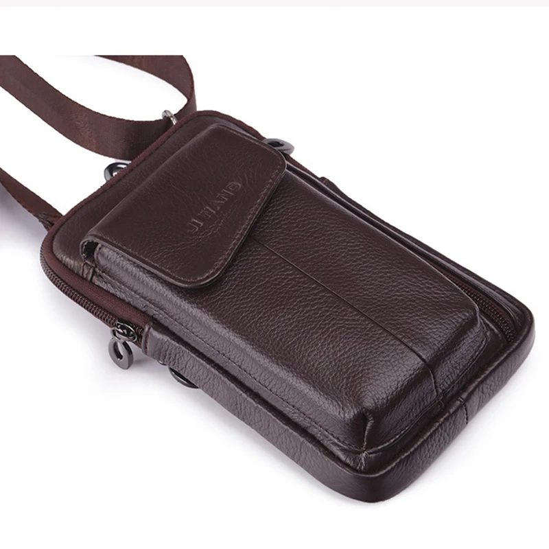 Men Genuine Leather Shoulder Small Messenger Fanny Bags Purse Fashion Cross Body Belt Pack Male Hook Cell Phone Case Waist Bag