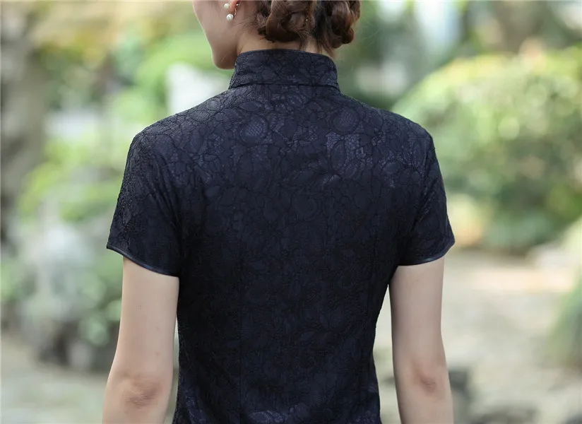 Sexy Black Lace Women\'s Summer Short Sleeve Blouse Chinese Vintage Button Shirt Mandarin Collar Clothing M L XL XXL XXXL 2520-1