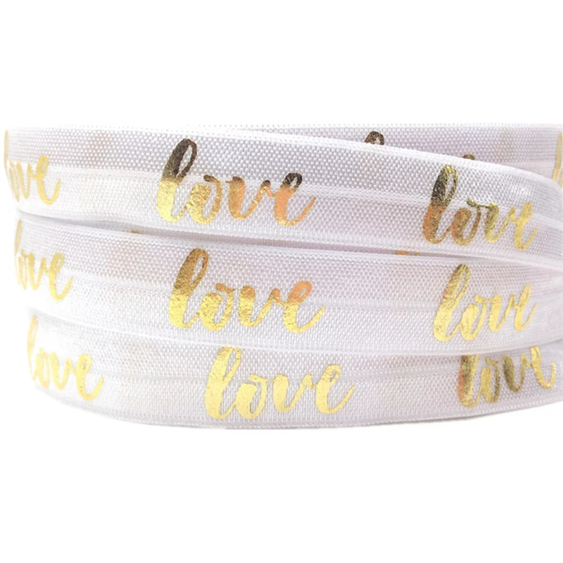 16MM Gold Silver Foil LOVE Print Fold Over Elastic 10Y FOE Satin Ribbon for DIY Headwear Bracelet Hair Accessory Wholesale