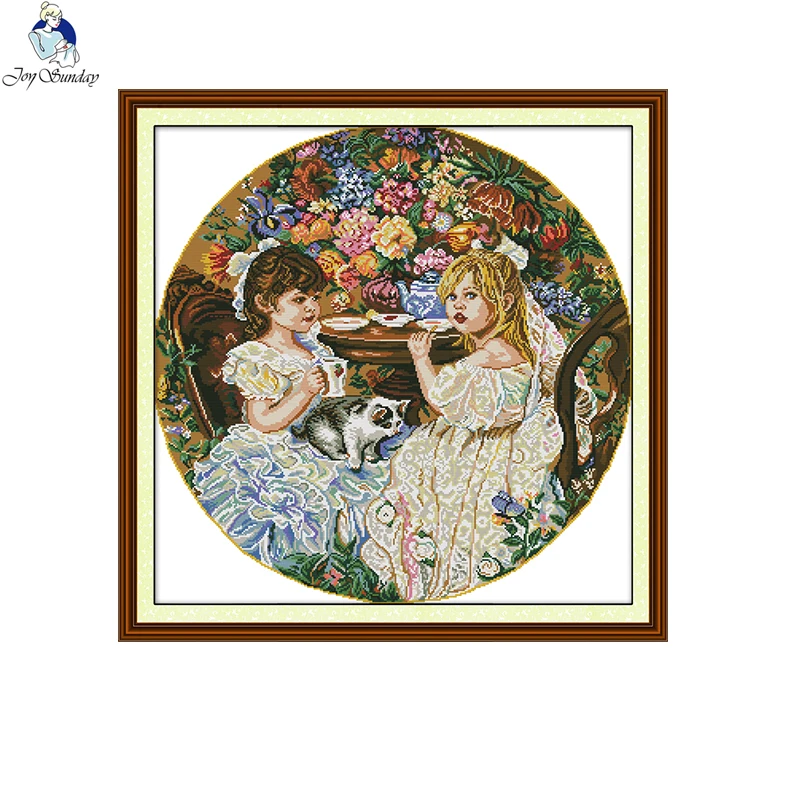 Joy Sunday Two Little Girls Pattern DIY Handmade DMC 14ct and 11ct Cross stitch kits and Precise Printed Embroidery Needlework