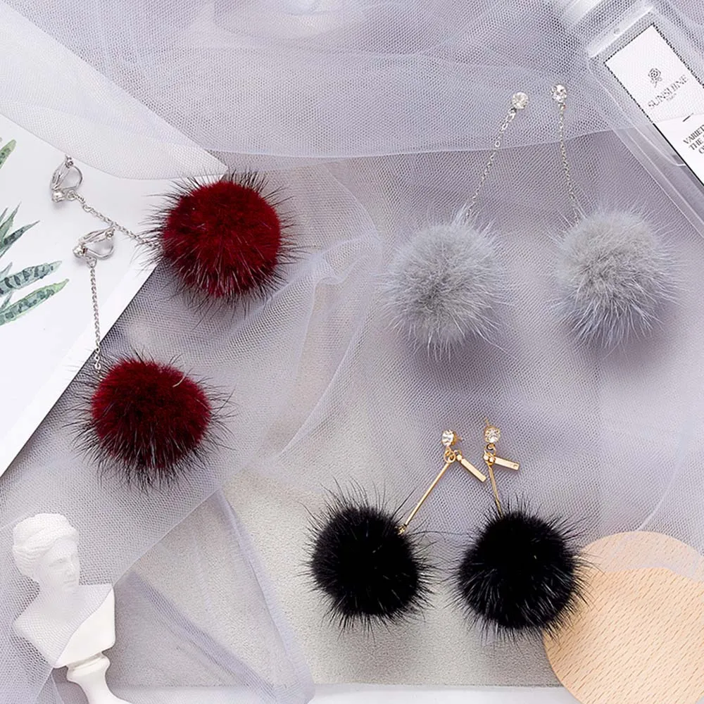 GRACRE JUN Rabbit Fur Ball PomPom Long wedding clip on earrings for Women Unique Soft  Ear Earring Jewelry Cute Christmas Gift