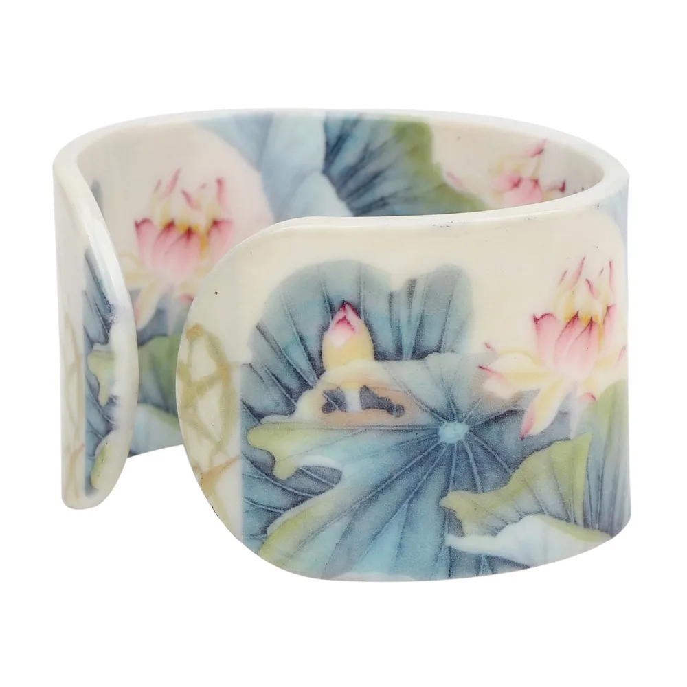 Bonsny Plastic Chinese Lotus Ink and Wash Painting Bangles Bracelets Traditional Ethnic Jewelry For Women Girls Ladies Wholesale