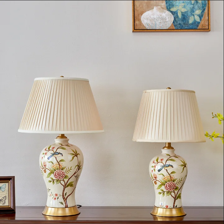 Chinese flower bird ceramic large Table Lamps European retro apricot lampshade copper base E27 LED lamp for bedside&foyer MF036