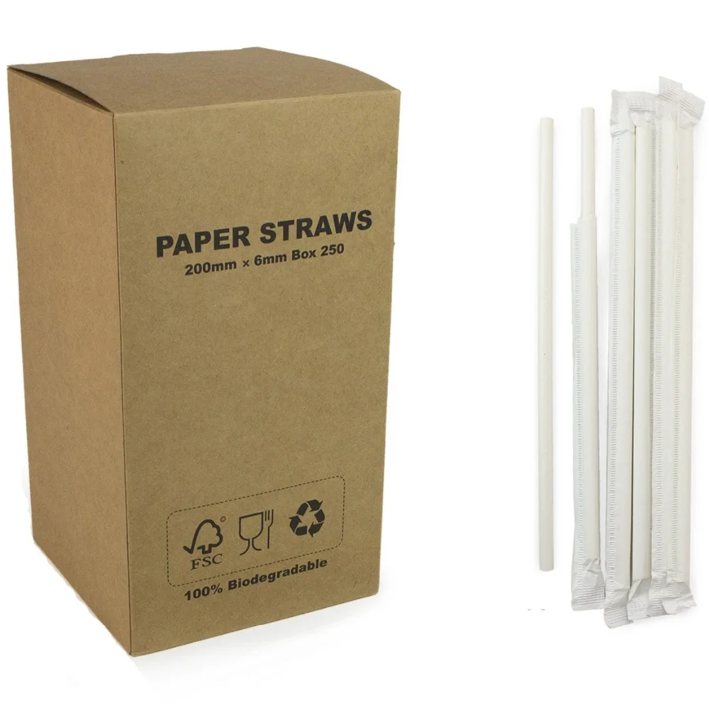 

250 Pcs/box Individually Paper Wrapped Plain White Paper Straws Bulk-Solid Party Drinking Restaurant Juice Coffee Smoothies Soda