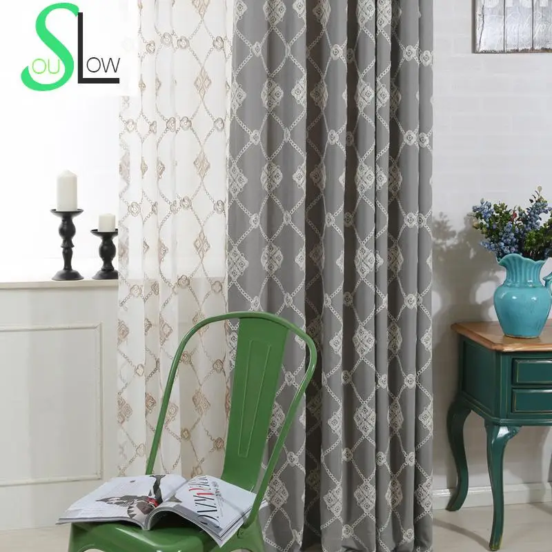 

Slow Soul Modern Cotton Curtain French Window Gray Light Blue Beige Floral Curtains For Living Room Bedroom Organza Embroidered