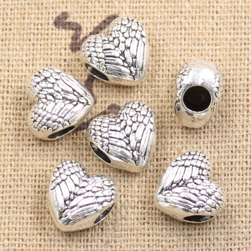 10pcs 11x8x11mm Heart Angel Wings 4.5mm Big Hole Bead Charm Fits Antique Silver Color Charm Bracelets Wholesale DIY Making fit