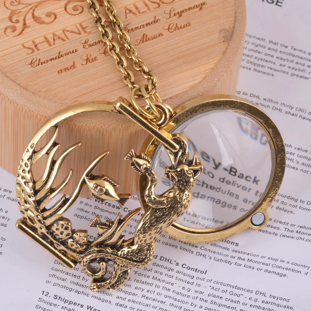 Ocean fish Animal style magnifier glass pendant necklace antique gold color jewelry with magnet closes and opens