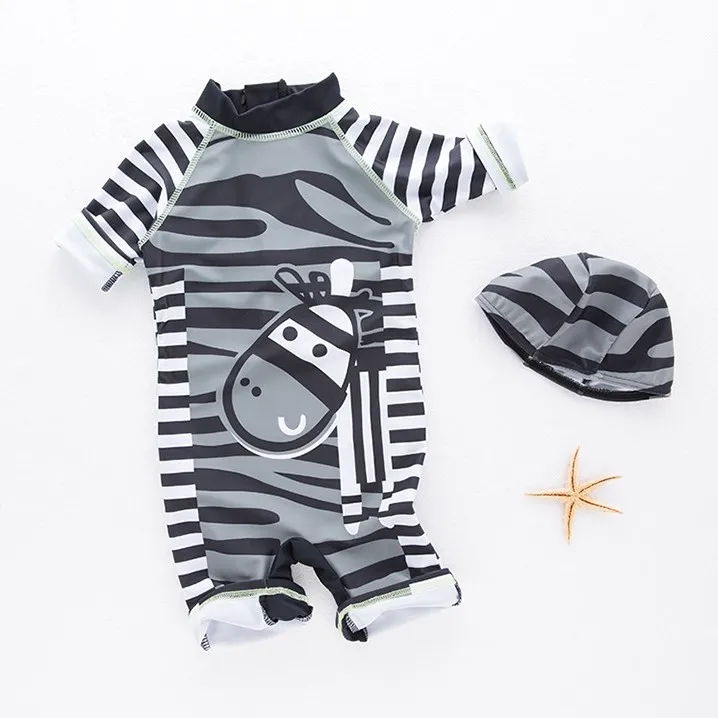 Hot Selling!Personality Black and White Strip Zebra Pattern Baby Boy Conjoined Swimwear with Swimming Cap 3093