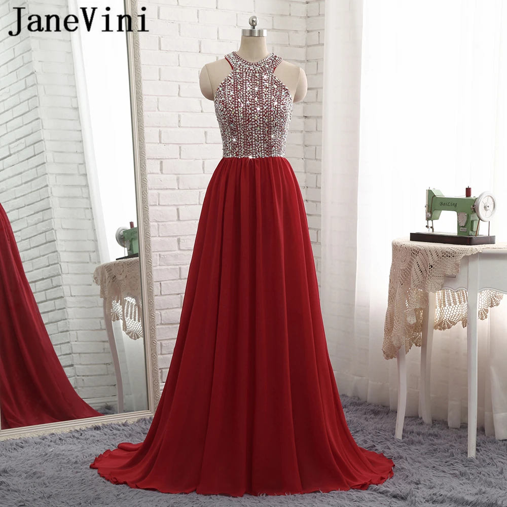 

JaneVini Vestidos Bling Bling Sequins Crystal Chiffon Burgundy Mother of Bride Dress A Line Halter Sweep Train Abito Mamma Sposa