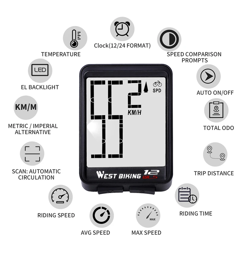 WEST BIKING Wireless Bike Computer Large Digital Speedometer Odometer Rainproof Bicycle Accessories Backlight Cycling Stopwatch