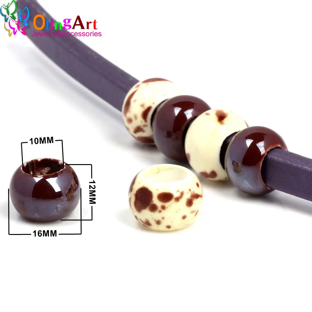 OlingArt 16*12mm 6pcs/lot Leather clasps brown Ceramic Large round hole beads New Hot Sale DIY Jewelry making