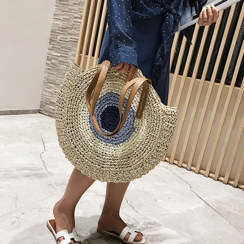 Large Capacity Round Women Fashionable Straw Woven Shoulder Bag Handmade Summer Beach Travel Holiday Women Tote Bags