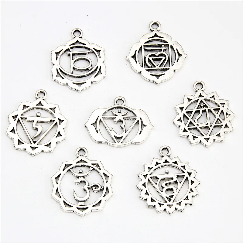 21pcs  Silver Color 7 Chakra Charms Mandala  Pendant Yoga OM Buddhist Metal For Jewelry Making Supplies