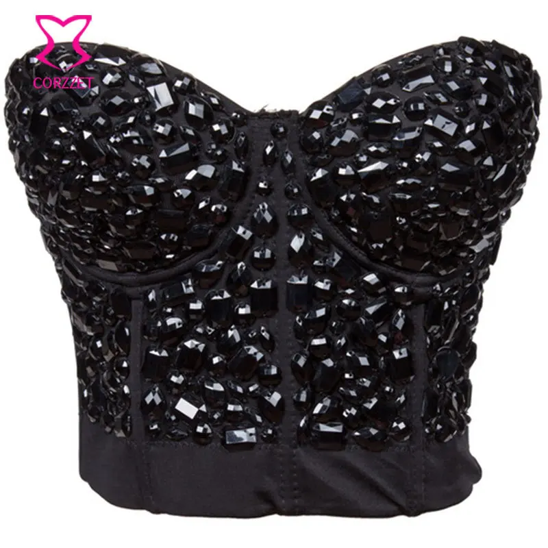 

Corzzet 913 Fashion Resin Beading Non-slip Brassiere Push Up Bustier Bra Top Dancewear Club Corsage Women Punk Underwear