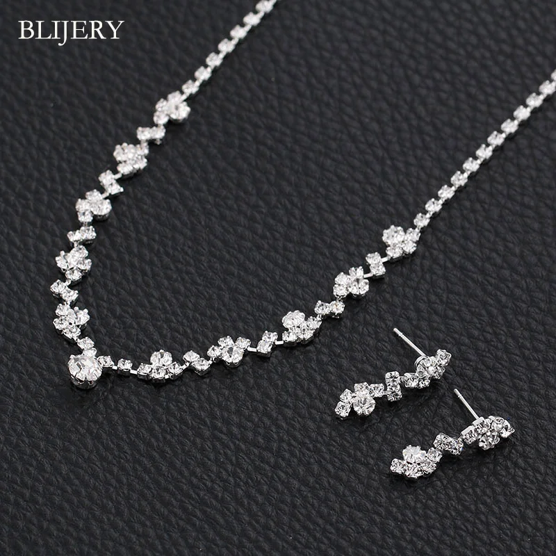 BLIJERY Silver Color Bridesmaid Bridal Jewelry Sets Crystal Choker Necklace Earrings Bracelet Set for Women Wedding Jewelry Set