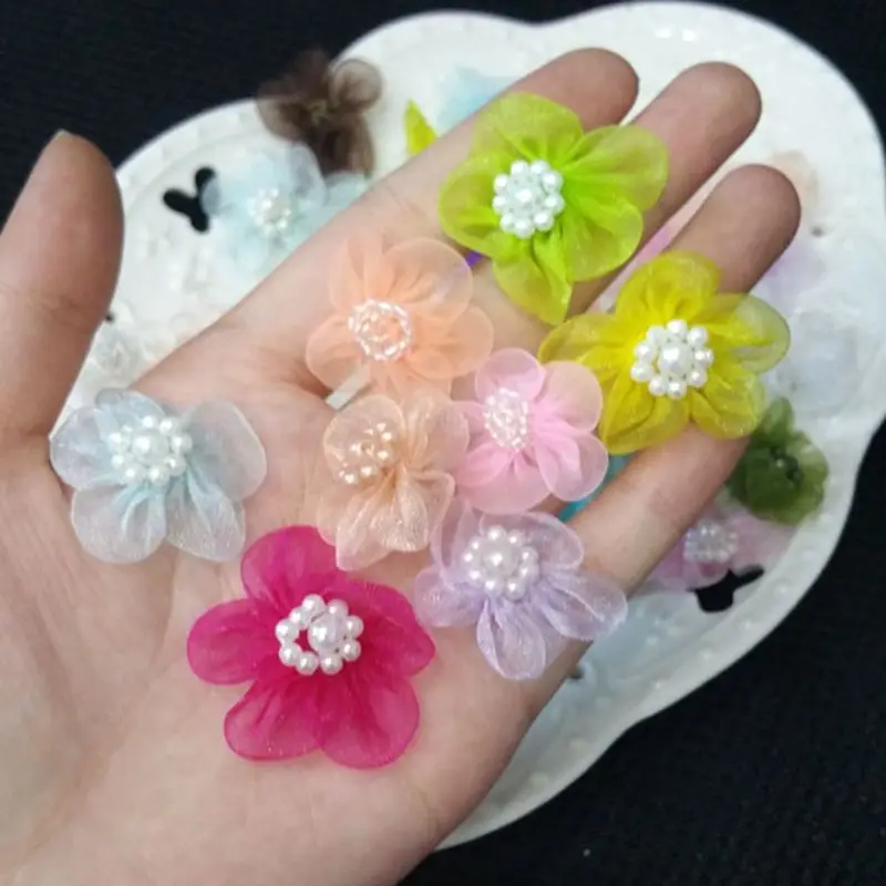 40 pz/lotto 2cm colori della miscela in rilievo Organza fiori fatti a mano Mini piccola testa di fiore per Scrapbook matrimonio caramelle confezione