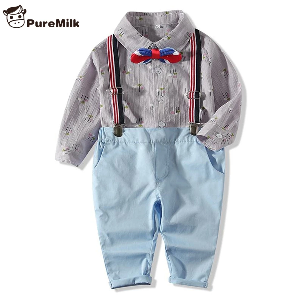 PureMilk Newborn Baby Clothes Cartoon Printed Shirts With Trouser, Belt, Bowtie 4 PCS Set Boys Clothes 6M-24M