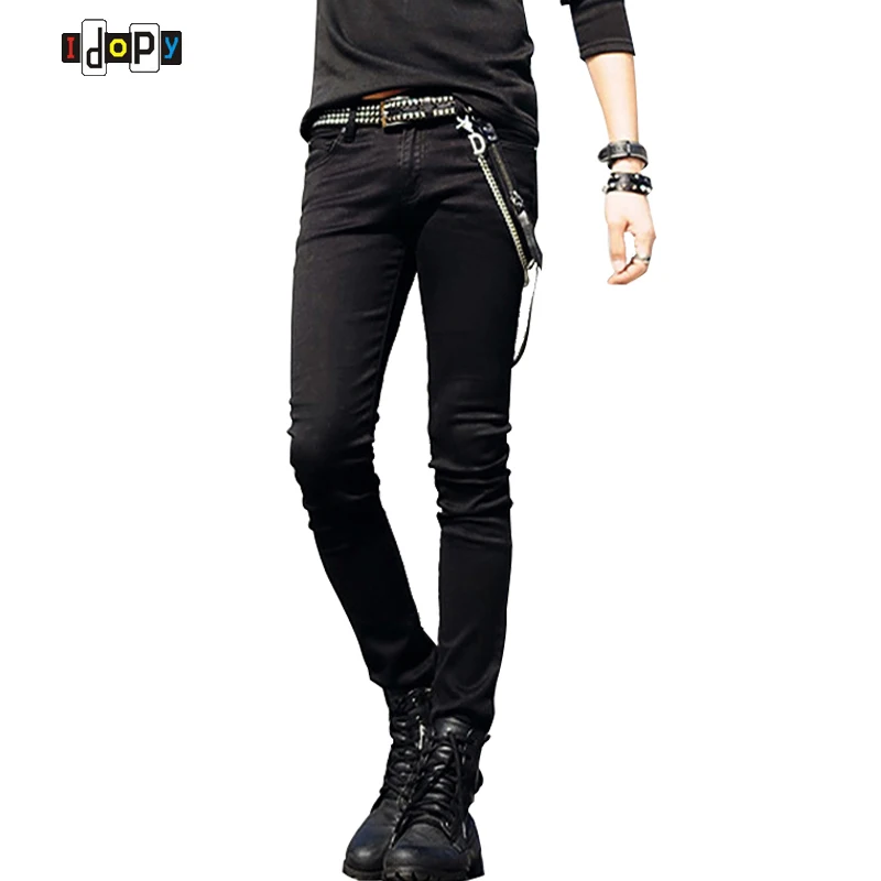 Idopy Hot Selling Men`s Korean Designer Black Slim Fit Jeans Punk Cool Super Skinny Pants With Chain For Male