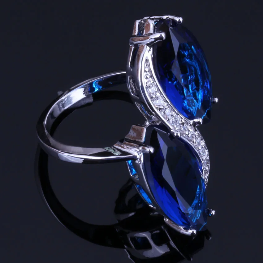 Cheerful Blue Cubic Zirconia White CZ Silver Plated Ring V0511