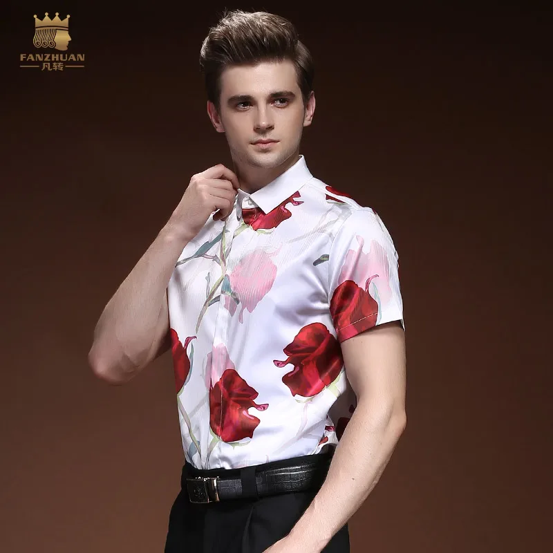 FANZHUAN Free Shipping New Summer Romantic Flower Slim Beach Hawaii Men's MALE man short sleeved printed white shirt 812099