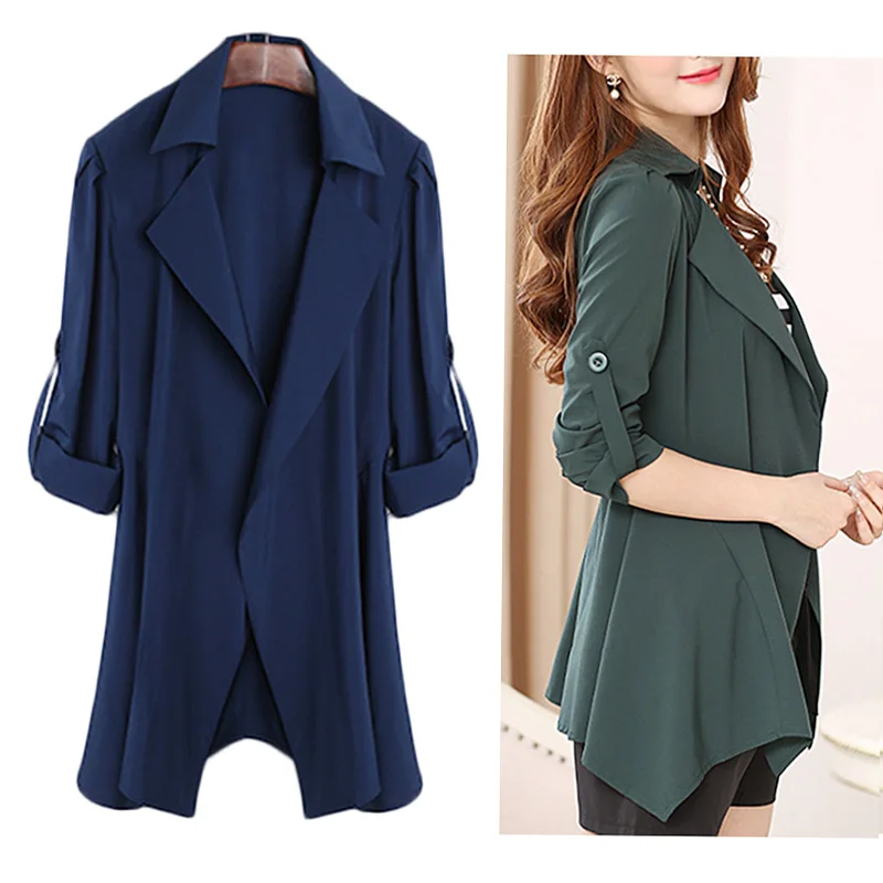 

Spring Autumn Women's Solid Casual Mid Coat Long Sleeves Waist Lapel Slim Cardigan Outdoor Work Suit Jackets Plus size L-5XL