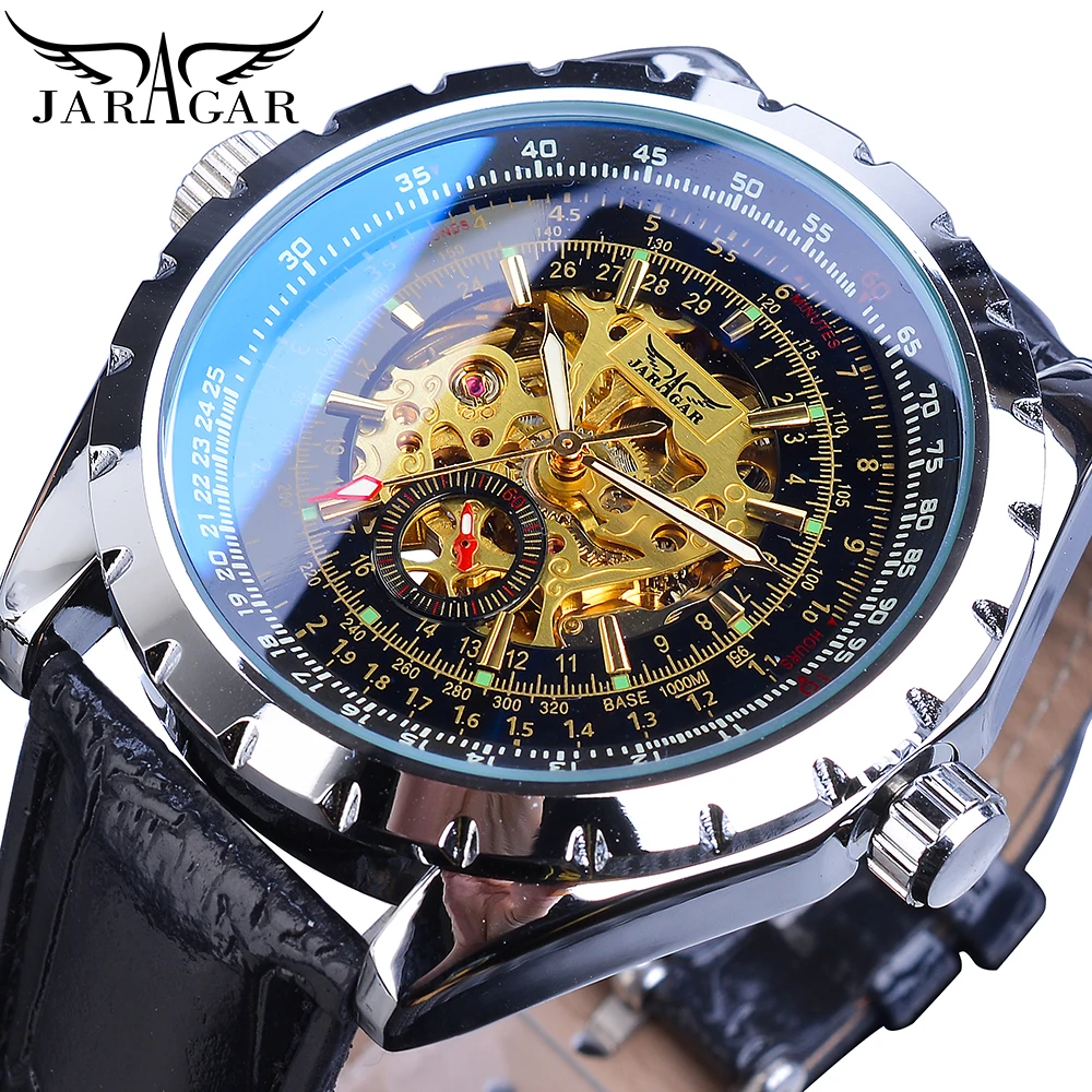 

Jaragar Black Golden Business Mens Watch Skeleton Automatic Self-Wind Mechanical Sport Leather Band Wristwatch Relogio Masculino