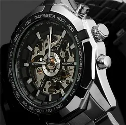 VINCITORE automatico Orologi Di Marca Mens Classic In Acciaio Inox del Vento di Auto Meccanico di Scheletro Della Vigilanza della Traversa di Modo Orologio Da Polso