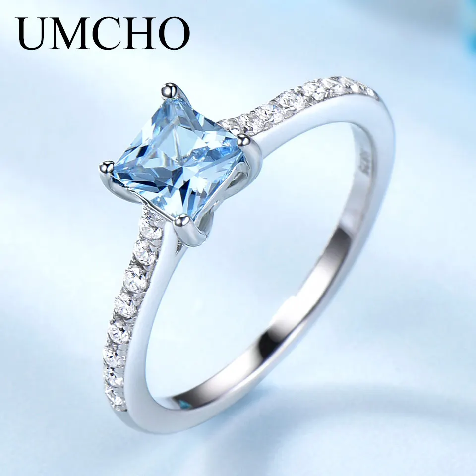 Pierścionki UMCHO Nano Sky Blue Topaz dla Kobiet Prawdziwe Srebro Próby 925 Pierścionek z Kamieniem Szlachetnym Kamień Urodzinowy Prezent dla Dziewczyny Hurtownia Biżuterii