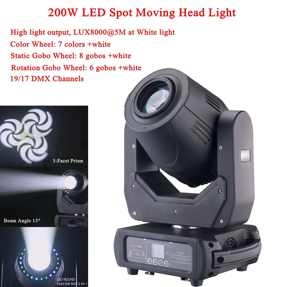 

Professional Stage Lighting LED 200W Spot Moving Head Light DMX-512 Led DJ Xmas Christmas Sound Active DMX Disco Nght Light