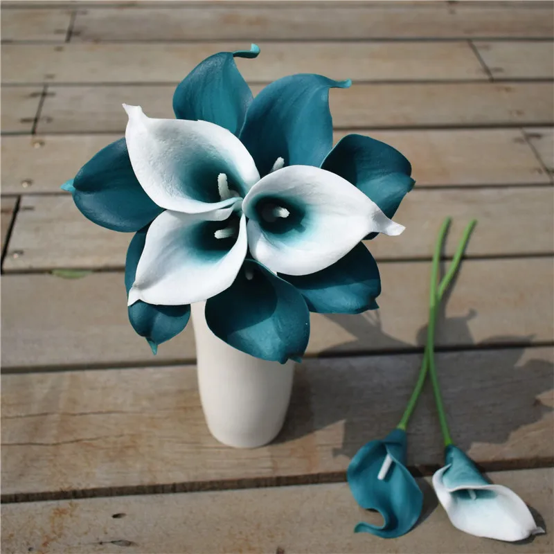 20pcs Oasis Teal Wedding Flowers Teal green Calla Lilies Real Touch Calla Lily Bouquet Wedding decoration artificial flower