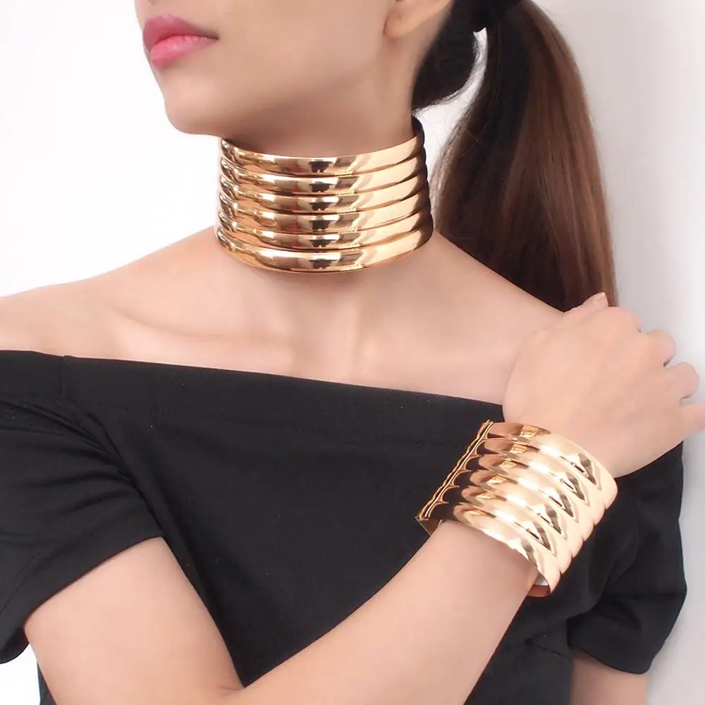 Oversized Indian Jewelry Set Women Vintage Leather Choker Bracelets Set Bijoux Africain Statement Choker Gold Color Necklaces