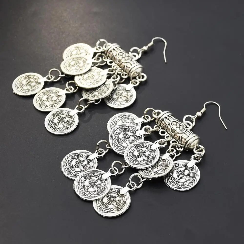 Vintage Silver Color Coin Tassel Drop Earrings Gypsy Tribal Boho Ethnic Afghan Pakistan Indian Jhumkas Festival Oxidized Jewelry