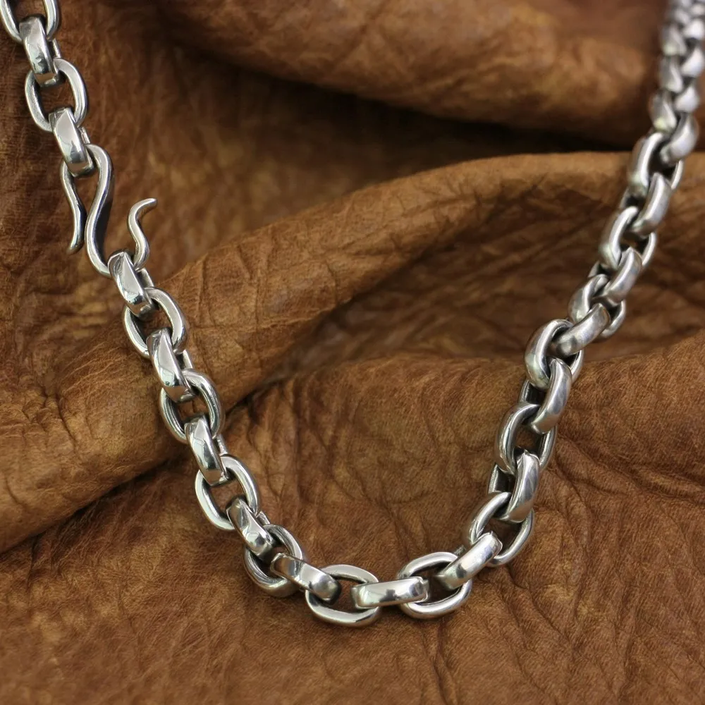 LINSION 925 Sterling Silver Fish hook clasp Mens Chain Biker Punk Necklace TA141