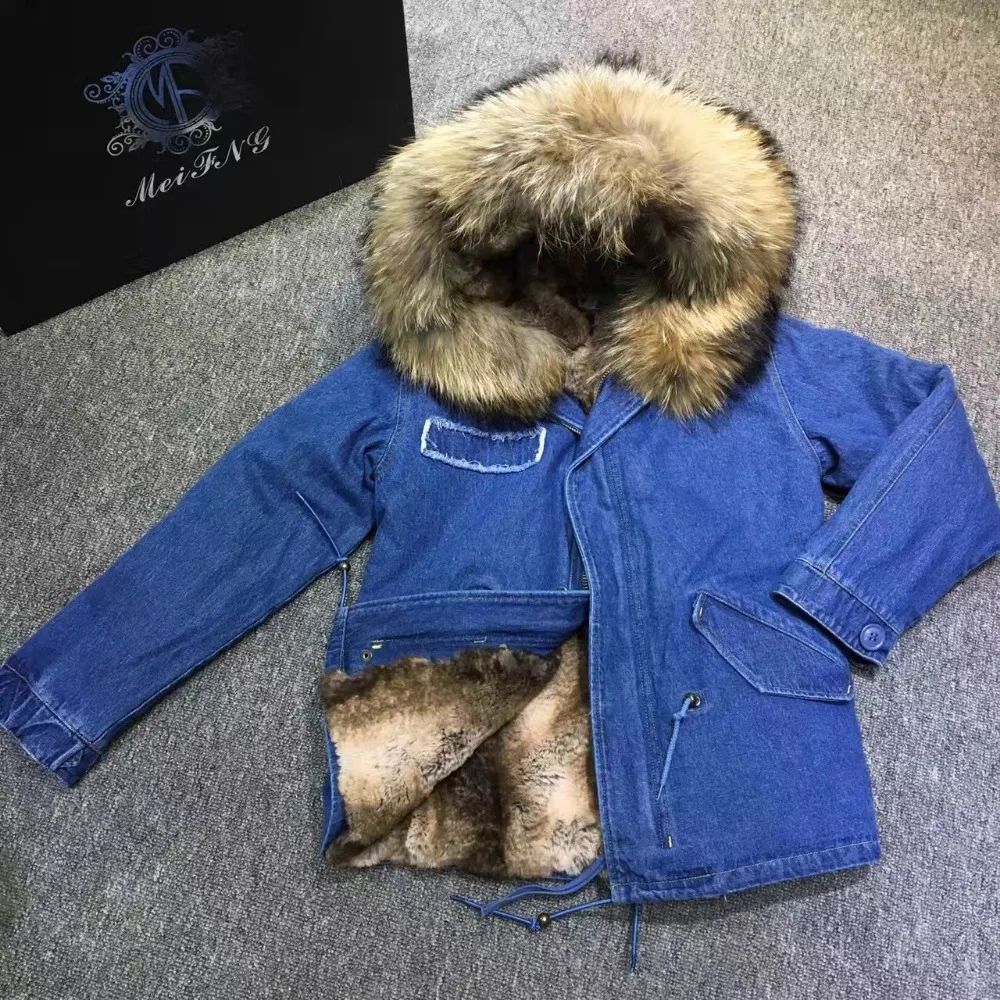 Navy Denim Jacket Male Natural Color Faux Fur Lined Parka Short High Quality Women Casual Coat