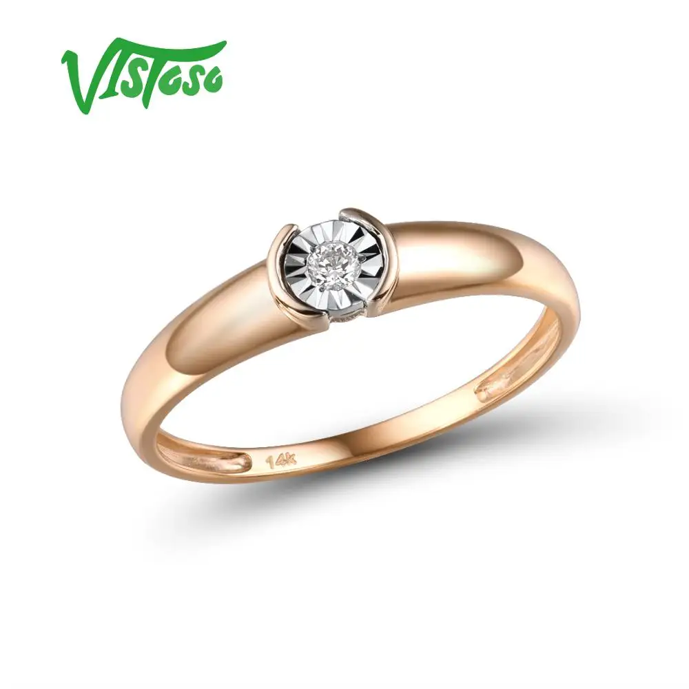 VISTOSO Pure 14K 585 Two-Tone Gold Sparkling Illusion-Set Miracle Plate Diamond Ring For Women Anniversary Trendy Fine Jewelry