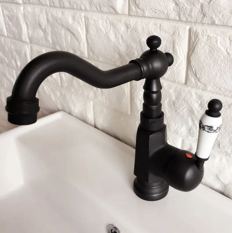 Kitchen Wet Bar Bathroom Vessel Sink Faucet Black Oil Rubbed Bronze One Handle Swivel Spout Mixer Tap Single Hole mnf352